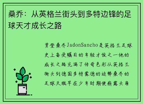 桑乔：从英格兰街头到多特边锋的足球天才成长之路