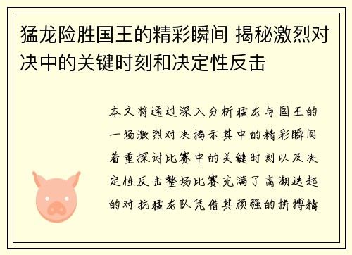 猛龙险胜国王的精彩瞬间 揭秘激烈对决中的关键时刻和决定性反击