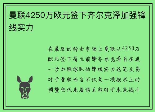 曼联4250万欧元签下齐尔克泽加强锋线实力