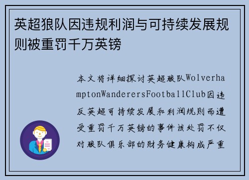 英超狼队因违规利润与可持续发展规则被重罚千万英镑